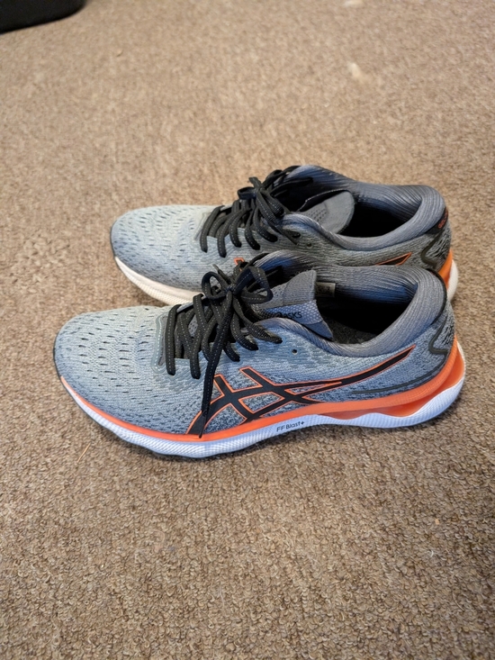Asics Shoes - Asics Gray and Orange FFBlast Plus Running Sneakers Mens 9 (Womens 10.5)
